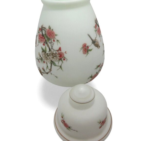 Large GINGER JAR With Lid Frosted Satin Glass Bird And Floral 18" Tall Vintage - Picture 9 of 9
